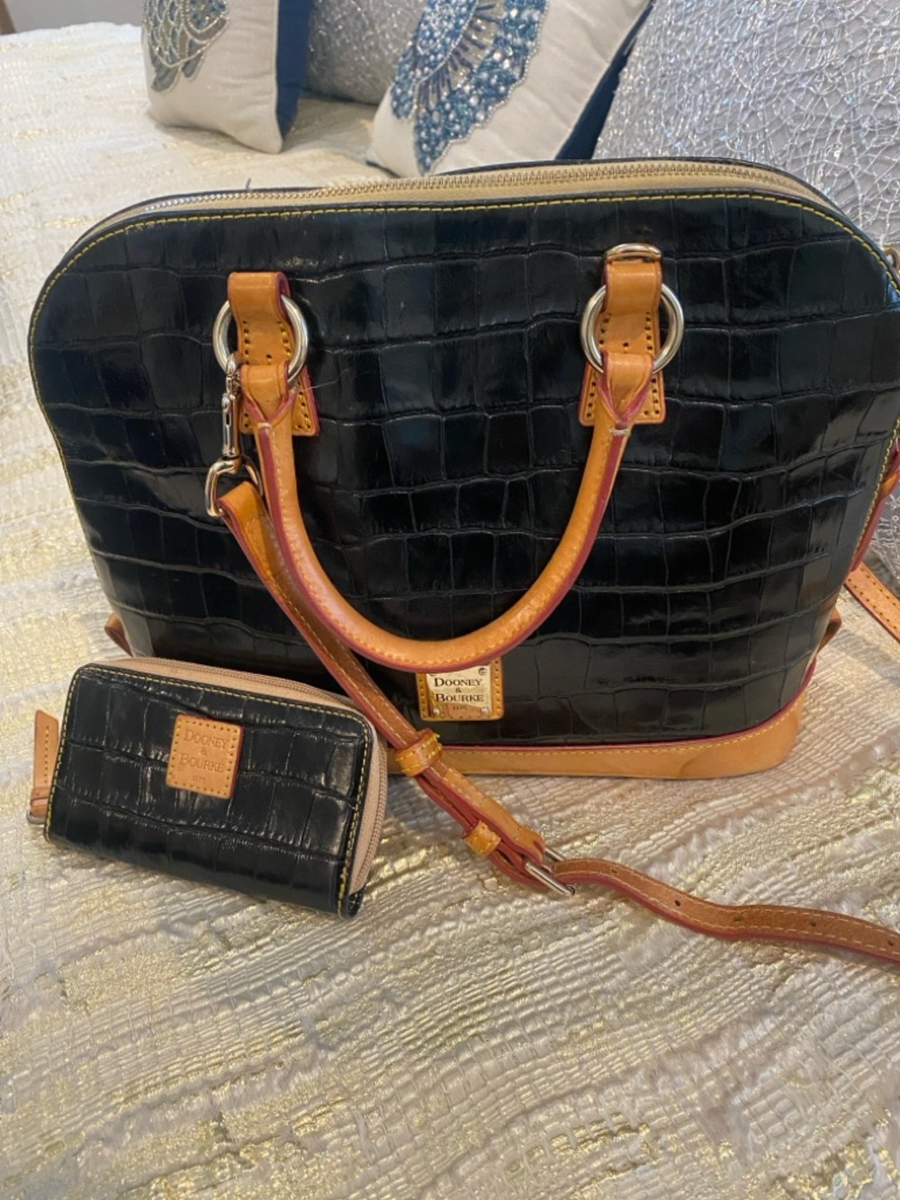 Dooney & Bourke Black Croc-Embossed Satchel with Tan Trim